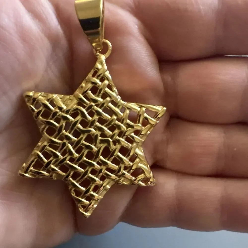 Stainless Steel Hebrew Jewish Israel Star of David 24” Necklace Gold Plated Gift